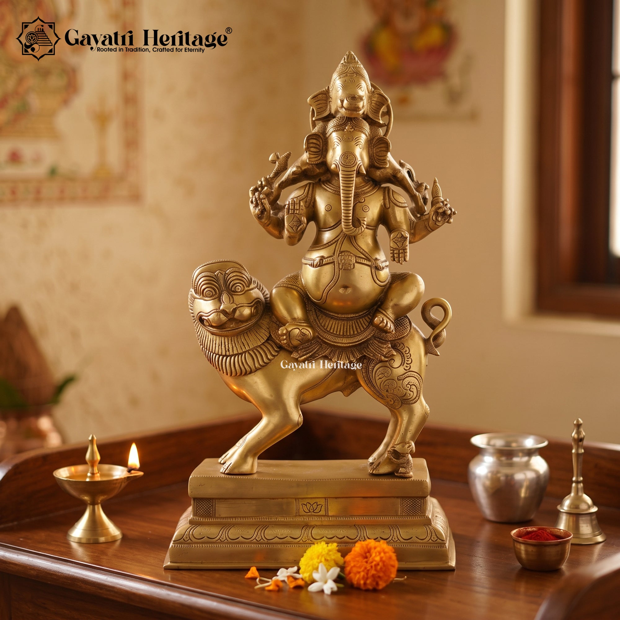 Brass Panchmukhi Ganesha Seated on Lion | Heramba Ganesh Idol  Gayatri Heritage