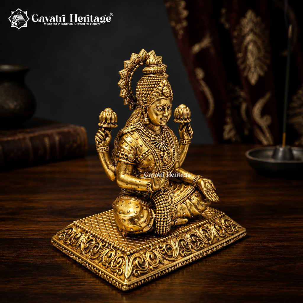 Brass Goddess Lakshmi Idol – Seated with Crown & Lotus