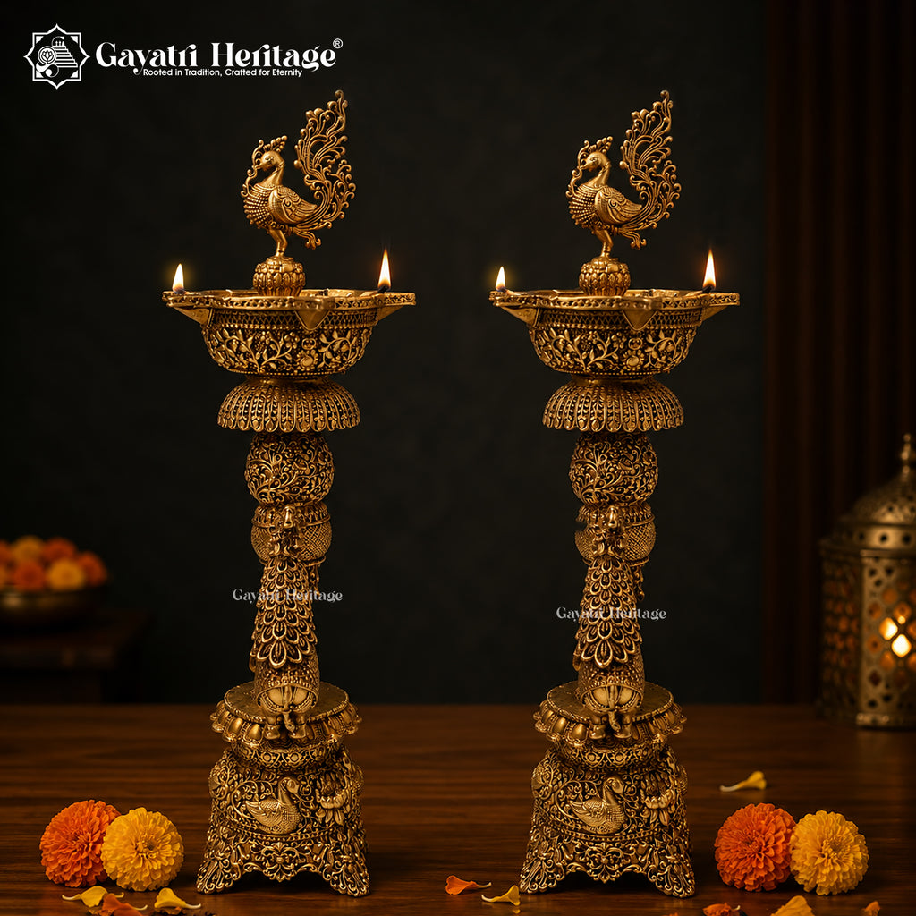 Brass Peacock Elephant Diya Lamp | Handcrafted Indian Pooja Oil Lamp for Home Temple & Diwali Decor