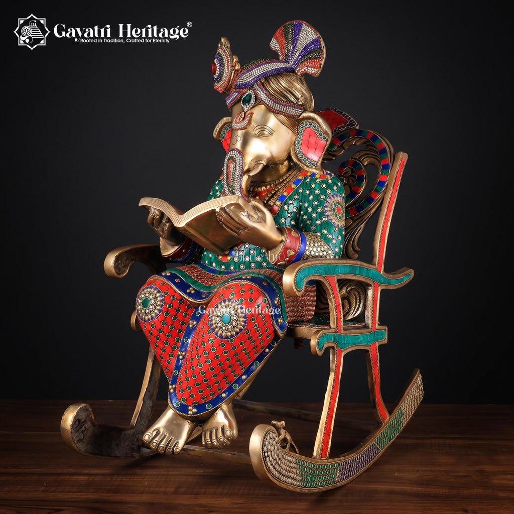 Brass Ganesha Statue on Rocking Chair | Stone Work Reading Ganesh Idol | Antique Indian Sculpture