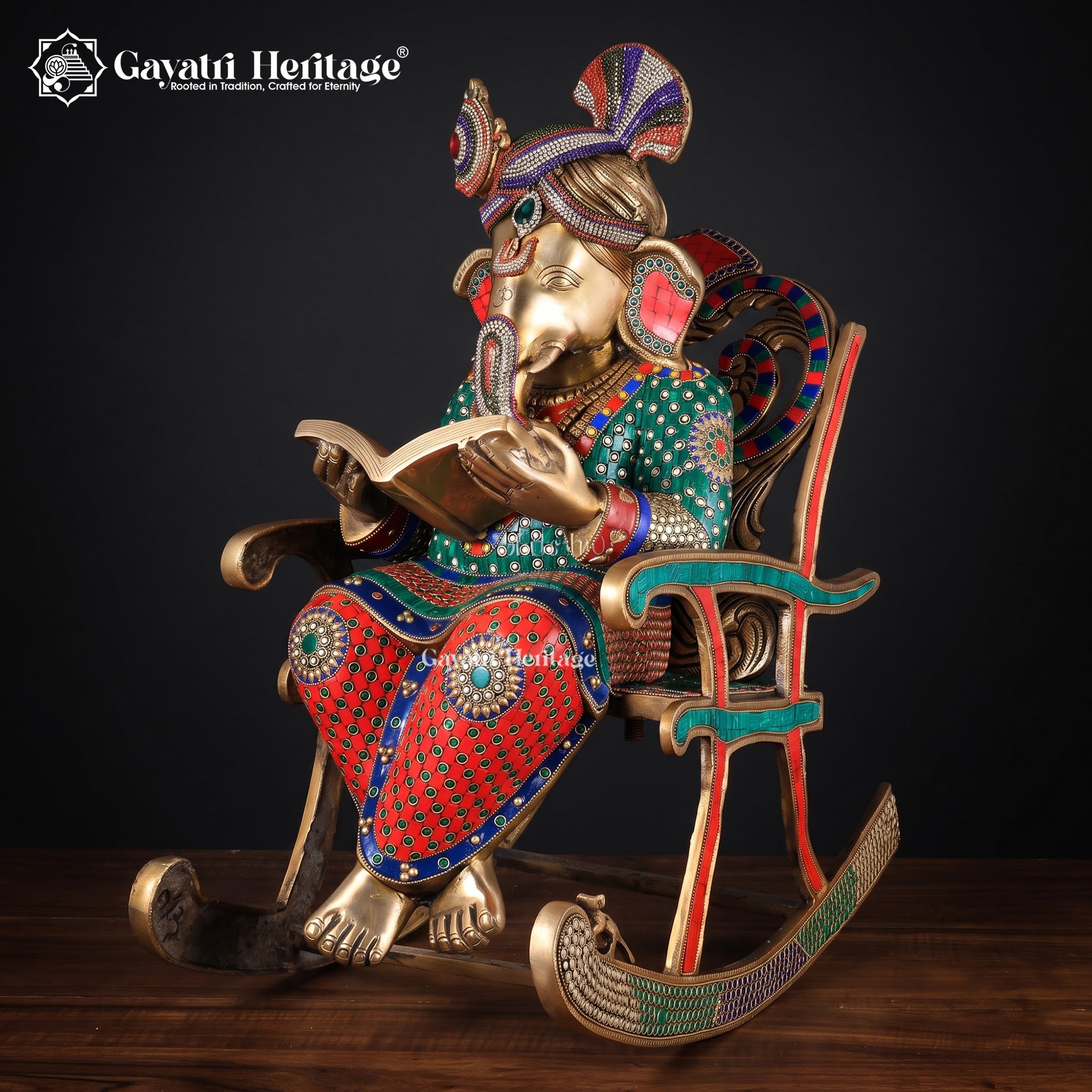 Brass Ganesha Statue on Rocking Chair | Stone Work Reading Ganesh Idol | Antique Indian Sculpture