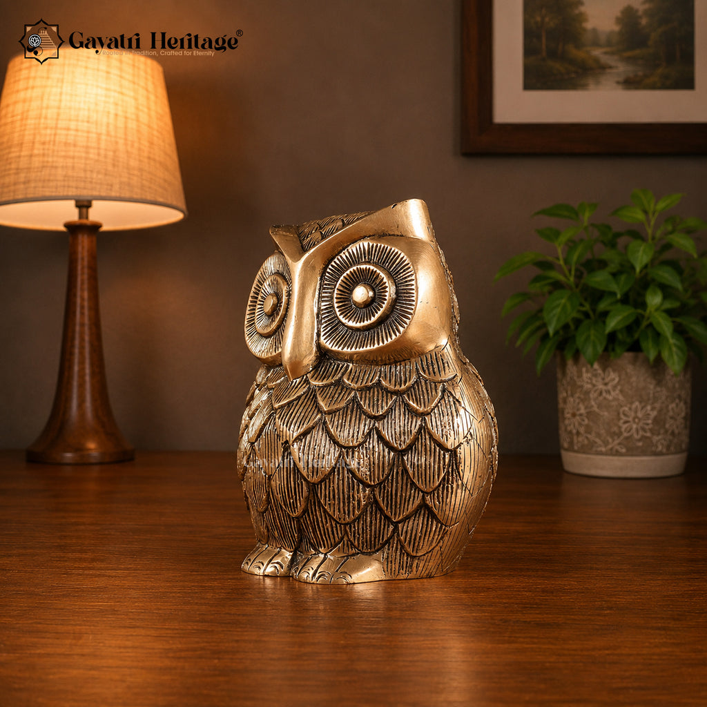 Large Brass Owl Statue | Bold Decorative Wisdom Bird Sculpture | Vastu Wealth Showpiece