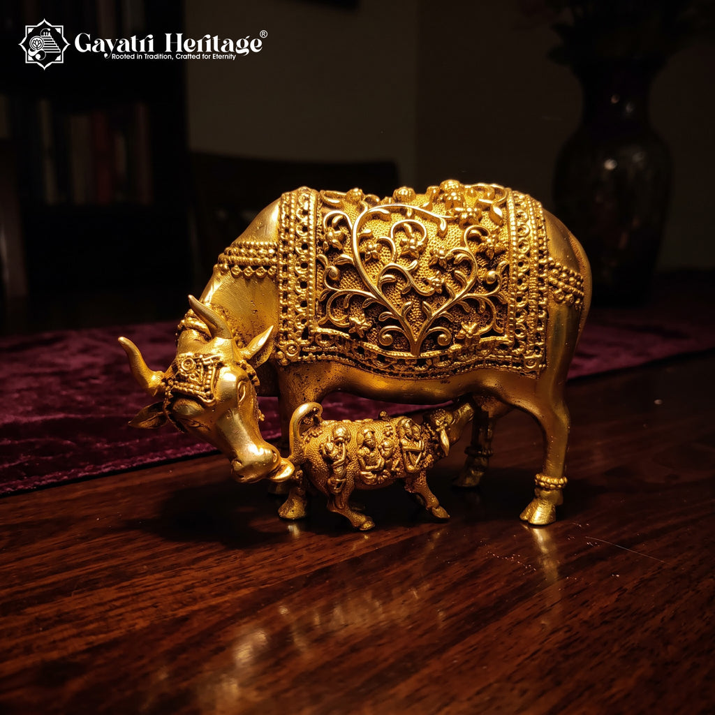 Brass Cow and Calf Statue | Antique Gold Sacred Cow Figurine | Vastu Home Decor | Indian Handmade Housewarming Gift