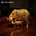 Brass Cow and Calf Statue | Antique Gold Sacred Cow Figurine | Vastu Home Decor | Indian Handmade Housewarming Gift