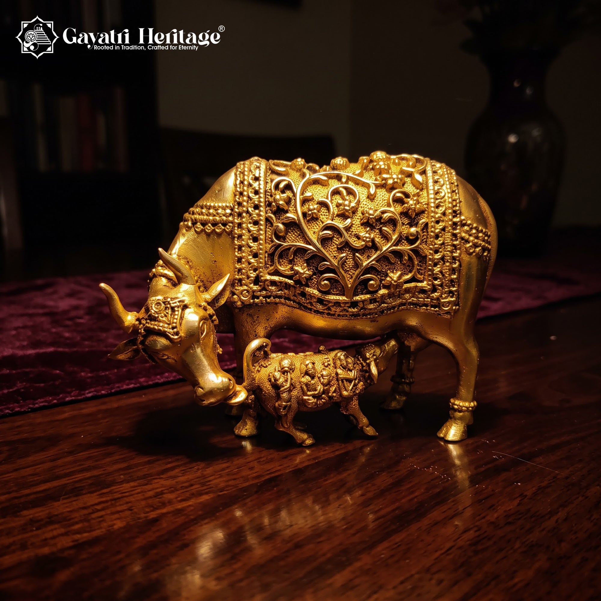 Brass Cow and Calf Statue | Antique Gold Sacred Cow Figurine | Vastu Home Decor | Indian Handmade Housewarming Gift