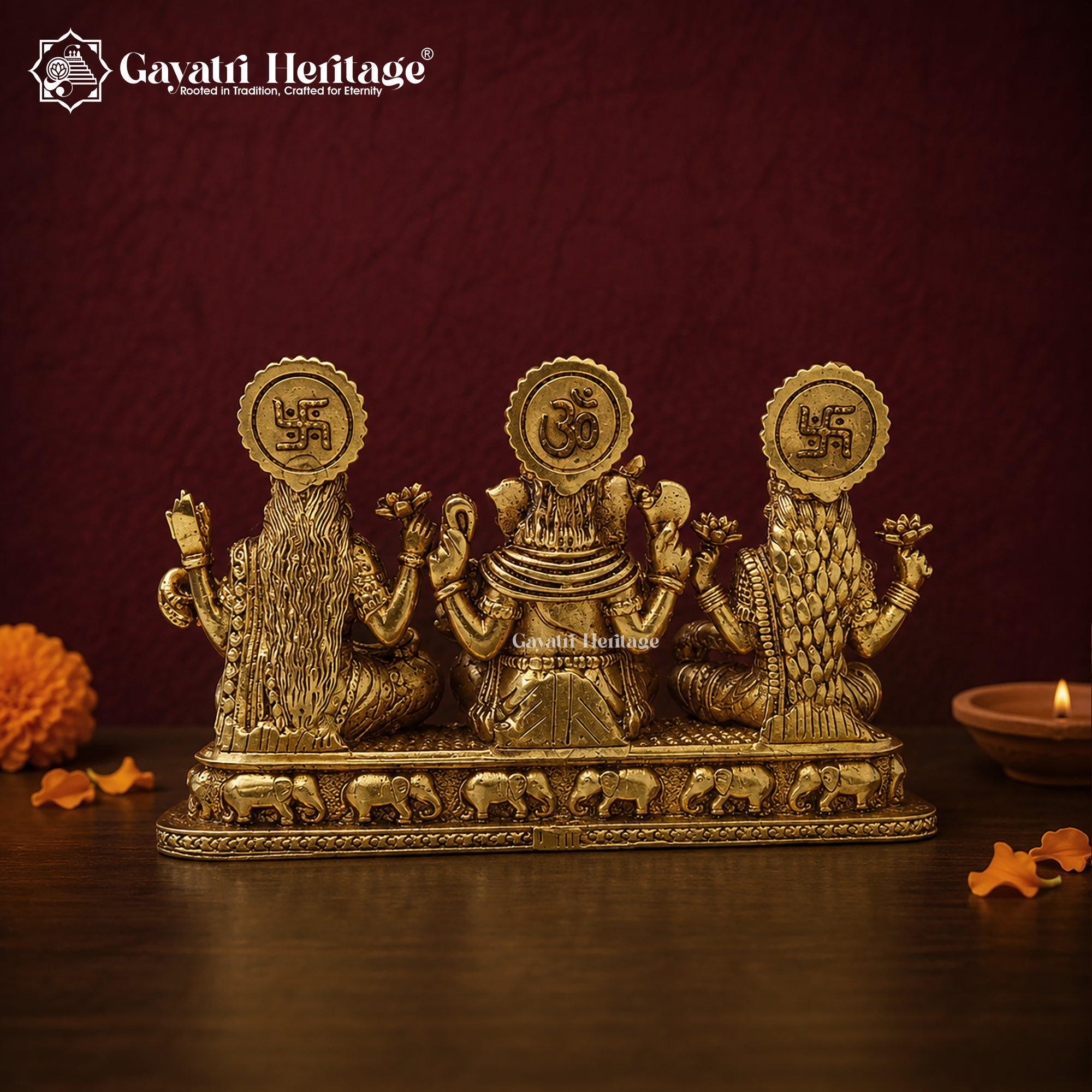 Brass Laxmi Ganesh Saraswati Idol | Hindu Trinity Murti | Handcrafted Brass Statue | Elephant Base | Diwali Puja & Home Temple Decor