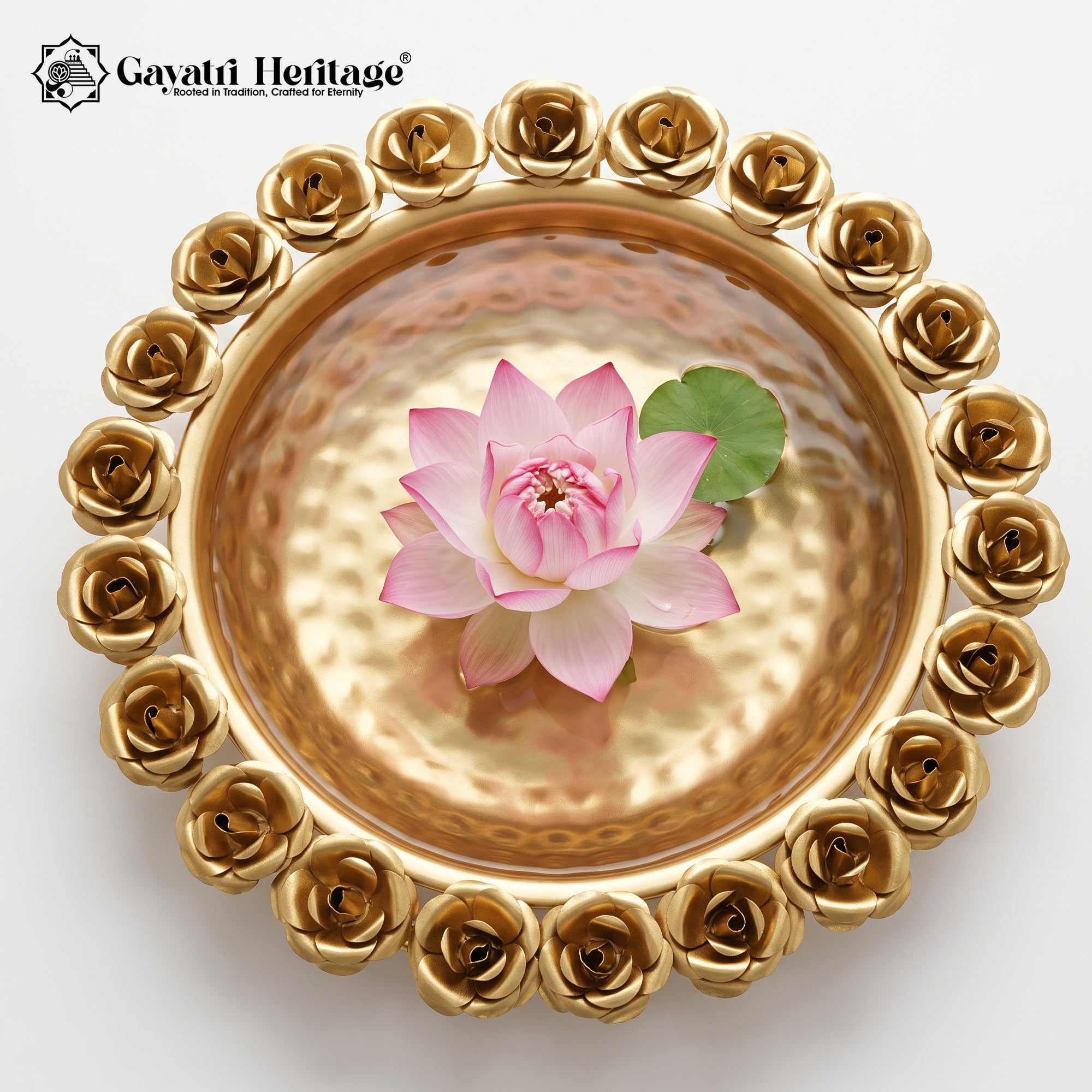 Gold Rose Border Urli Bowl – Hammered Floating Flower Decor | Gayatri Heritage