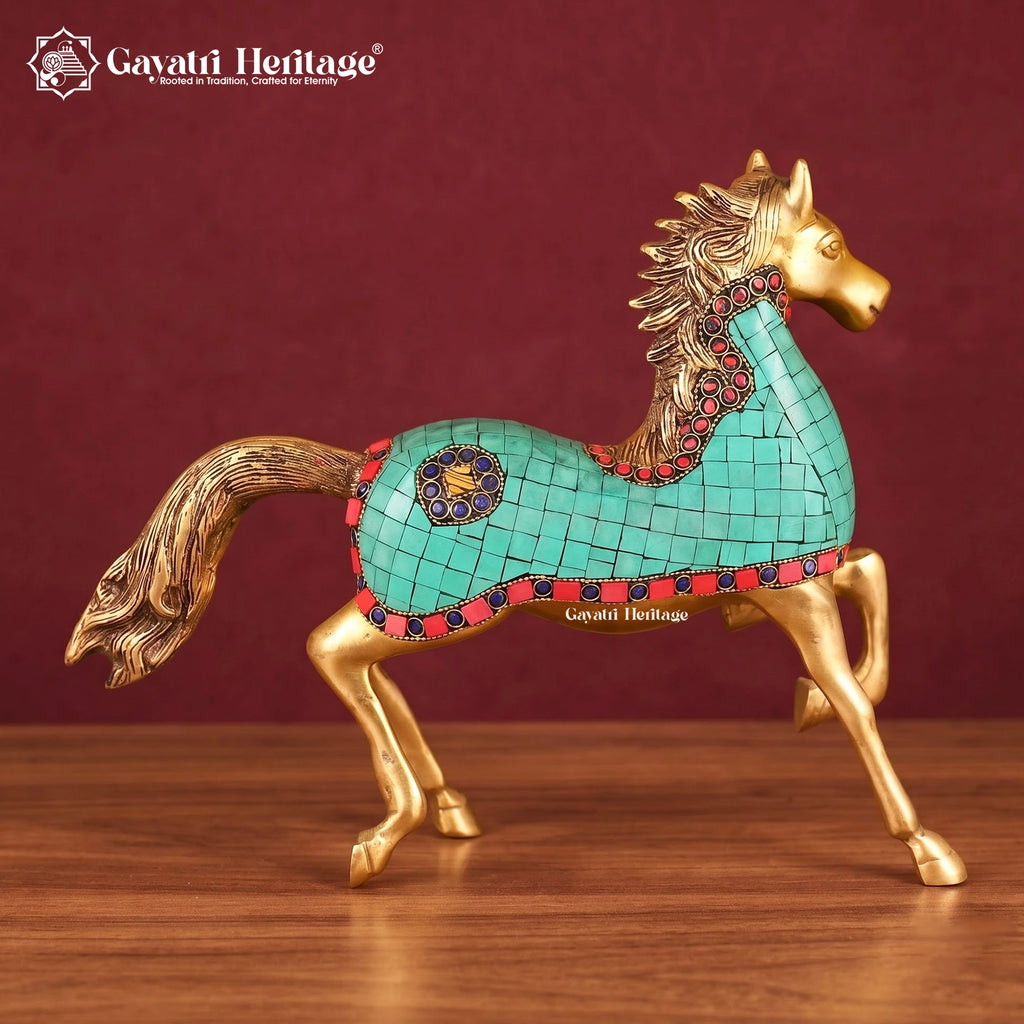 Brass Horse Statue with Stone Inlay, Handmade Prancing Horse Figurine, Indian Vastu Decor, Home & Office Decoration