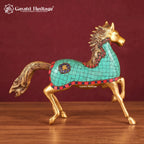 Brass Horse Statue with Stone Inlay, Handmade Prancing Horse Figurine, Indian Vastu Decor, Home & Office Decoration