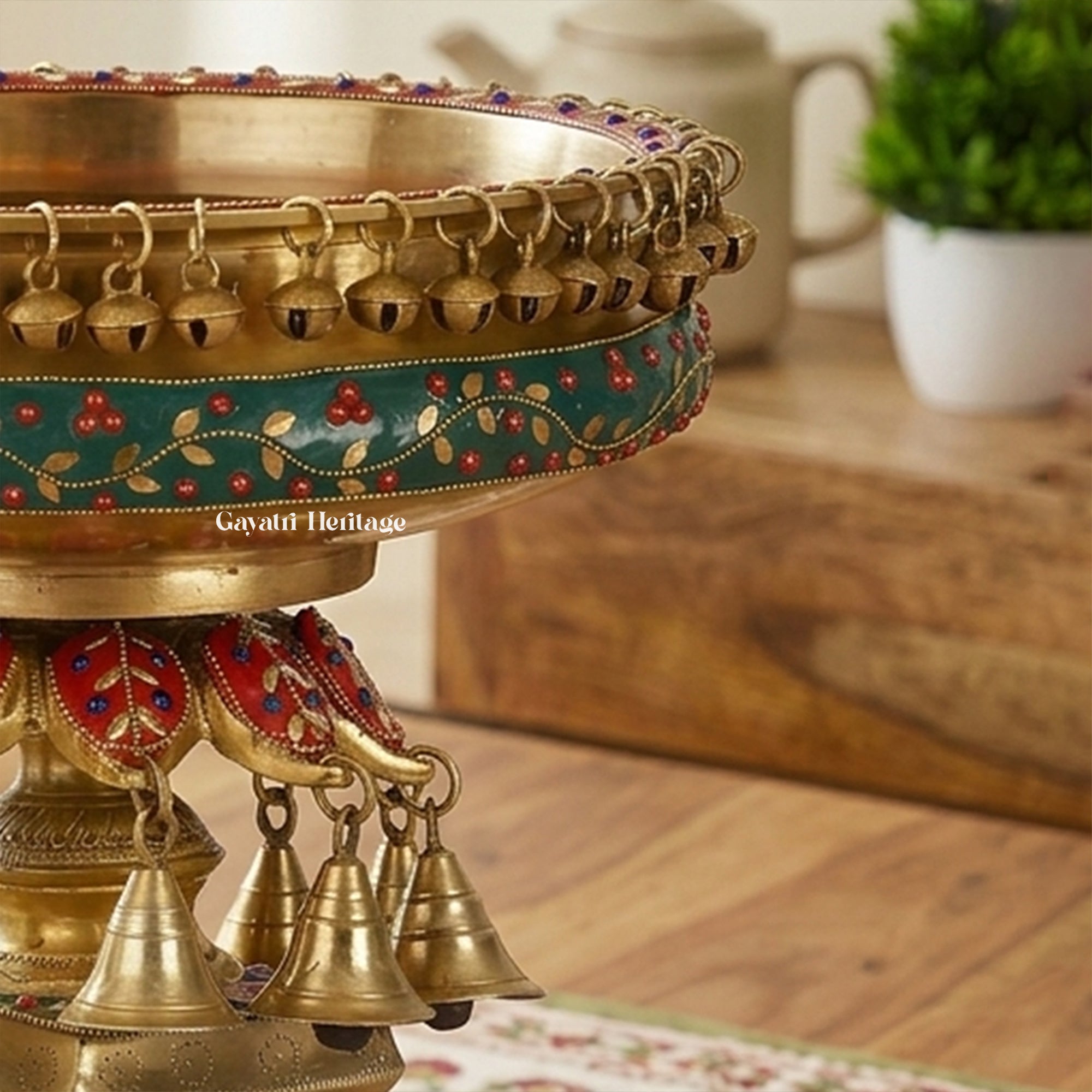 Brass Urli Bowl with Dangling Bells & Ghungroos – Decorative Inlay Work Centerpiece | Gayatri Heritage