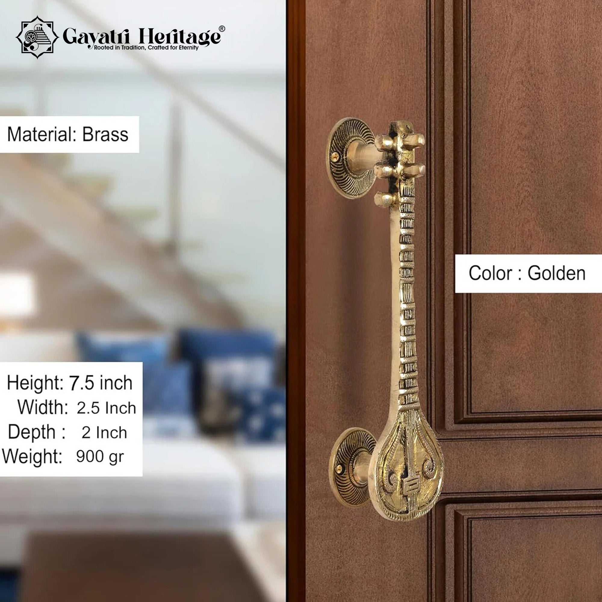 Brass Sitar Door Handle Pair – Handcrafted Pulls | Gayatri Heritage