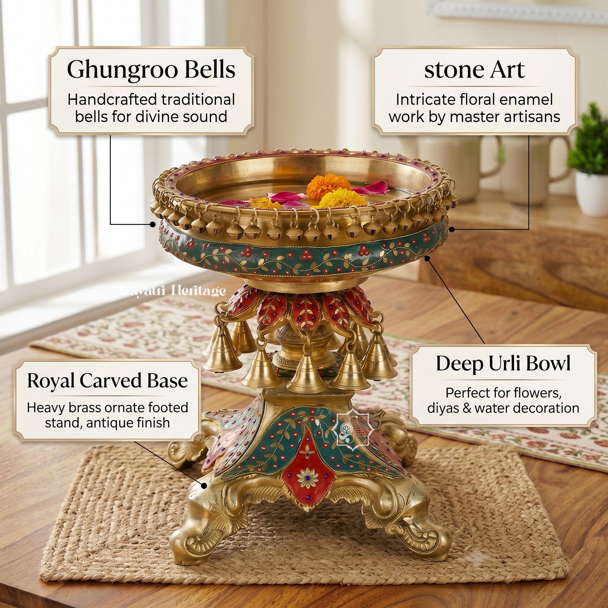 Brass Urli Bowl with Dangling Bells & Ghungroos – Decorative Inlay Work Centerpiece | Gayatri Heritage