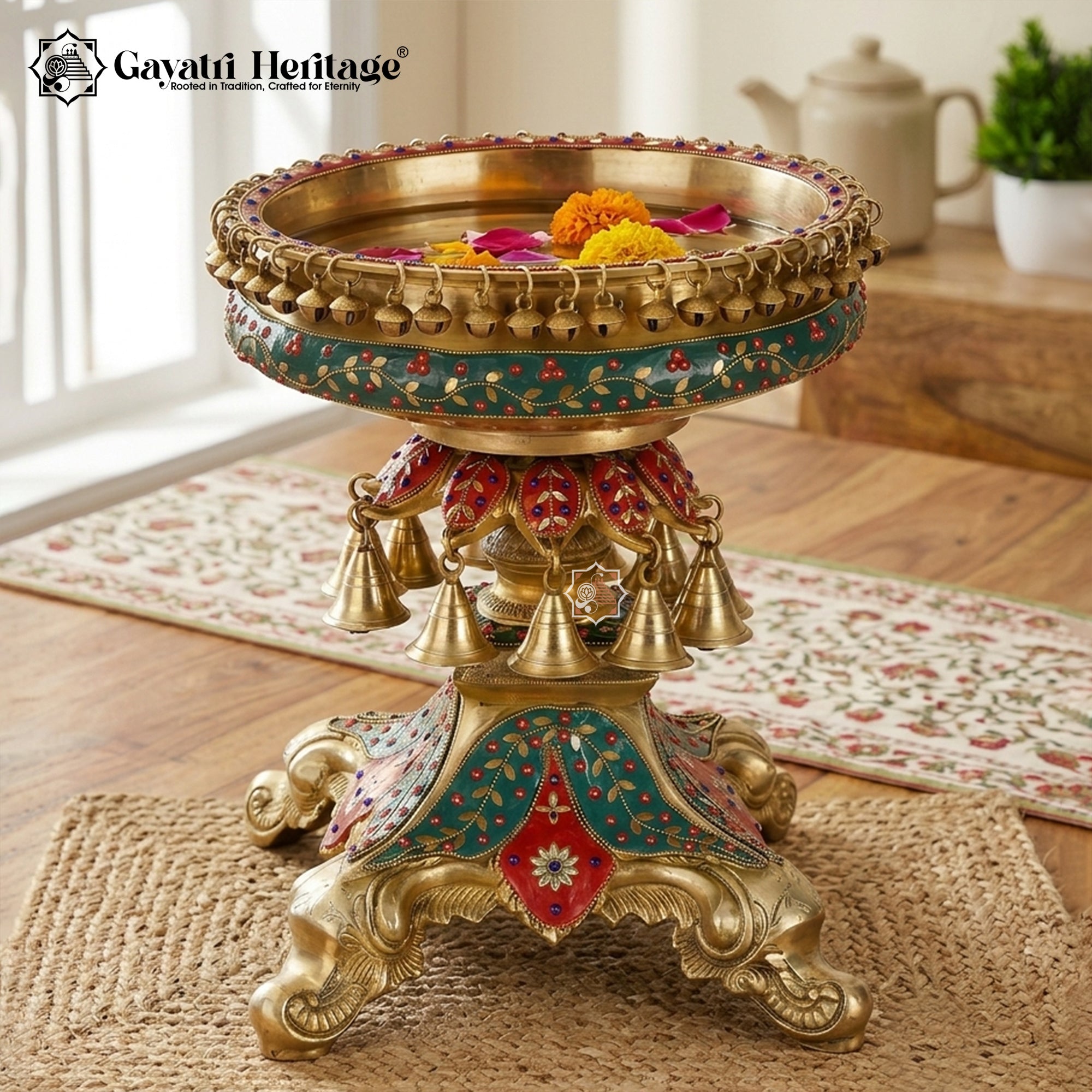 Brass Urli Bowl with Dangling Bells & Ghungroos – Decorative Inlay Work Centerpiece | Gayatri Heritage