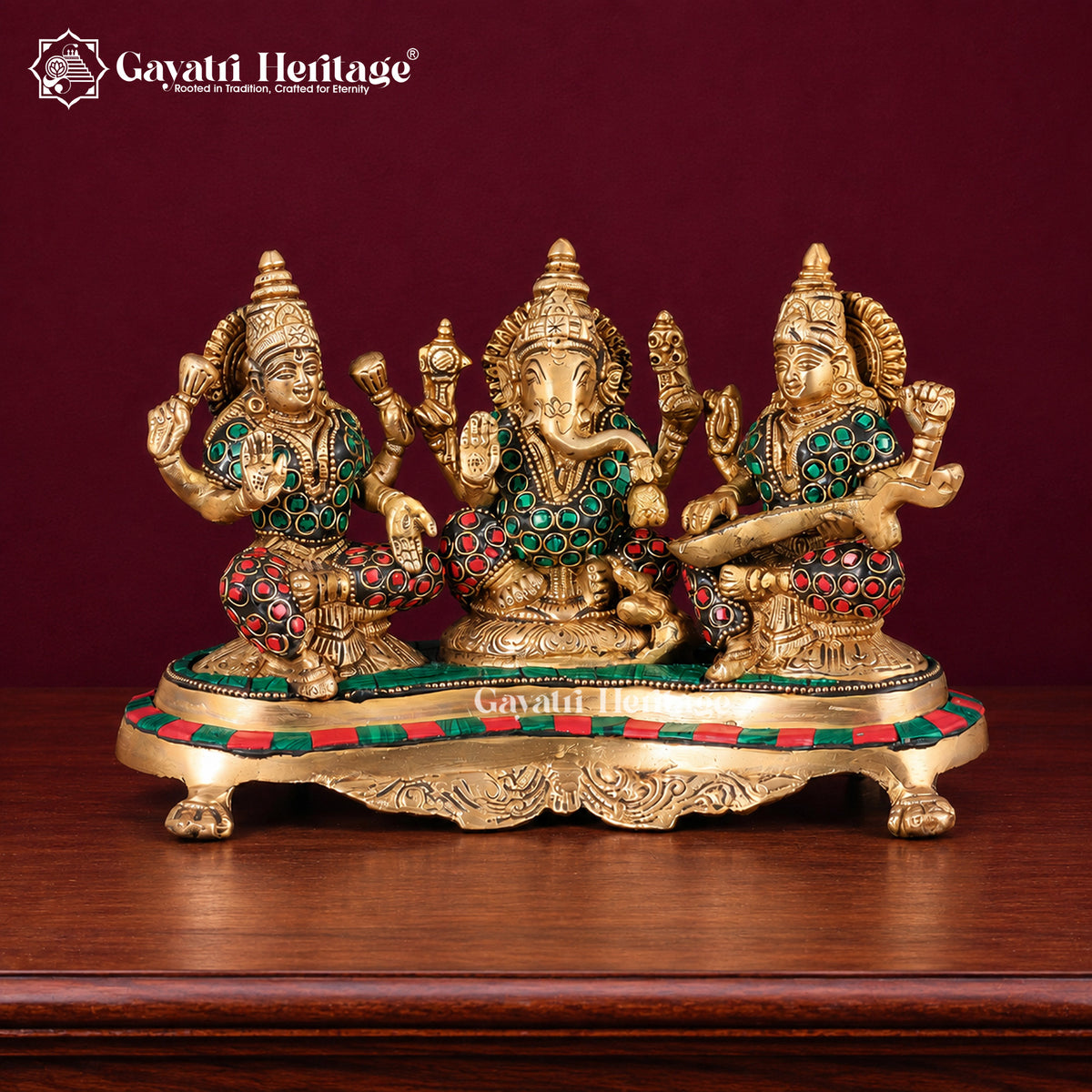 Brass Ganesh, Lakshmi, Saraswati Idols – Divine Trio for Blessings | Gayatri Heritage