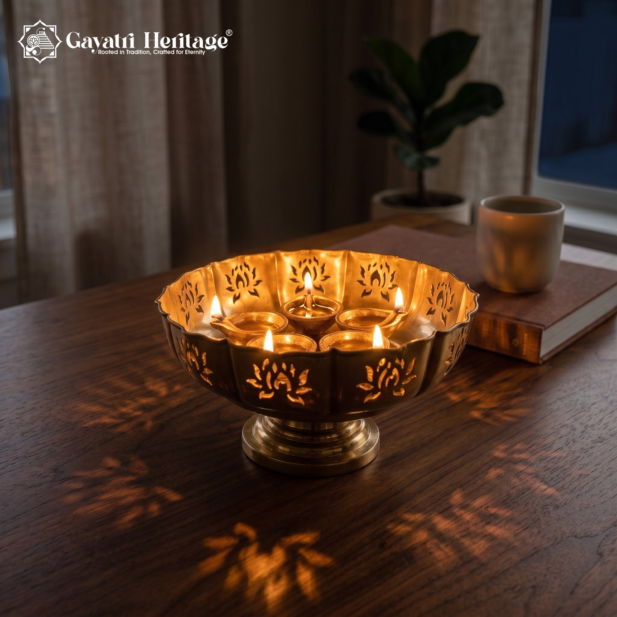 Lotus Cut Work Pedestal Urli Bowl – Antique Gold Puja Décor | Gayatri Heritage