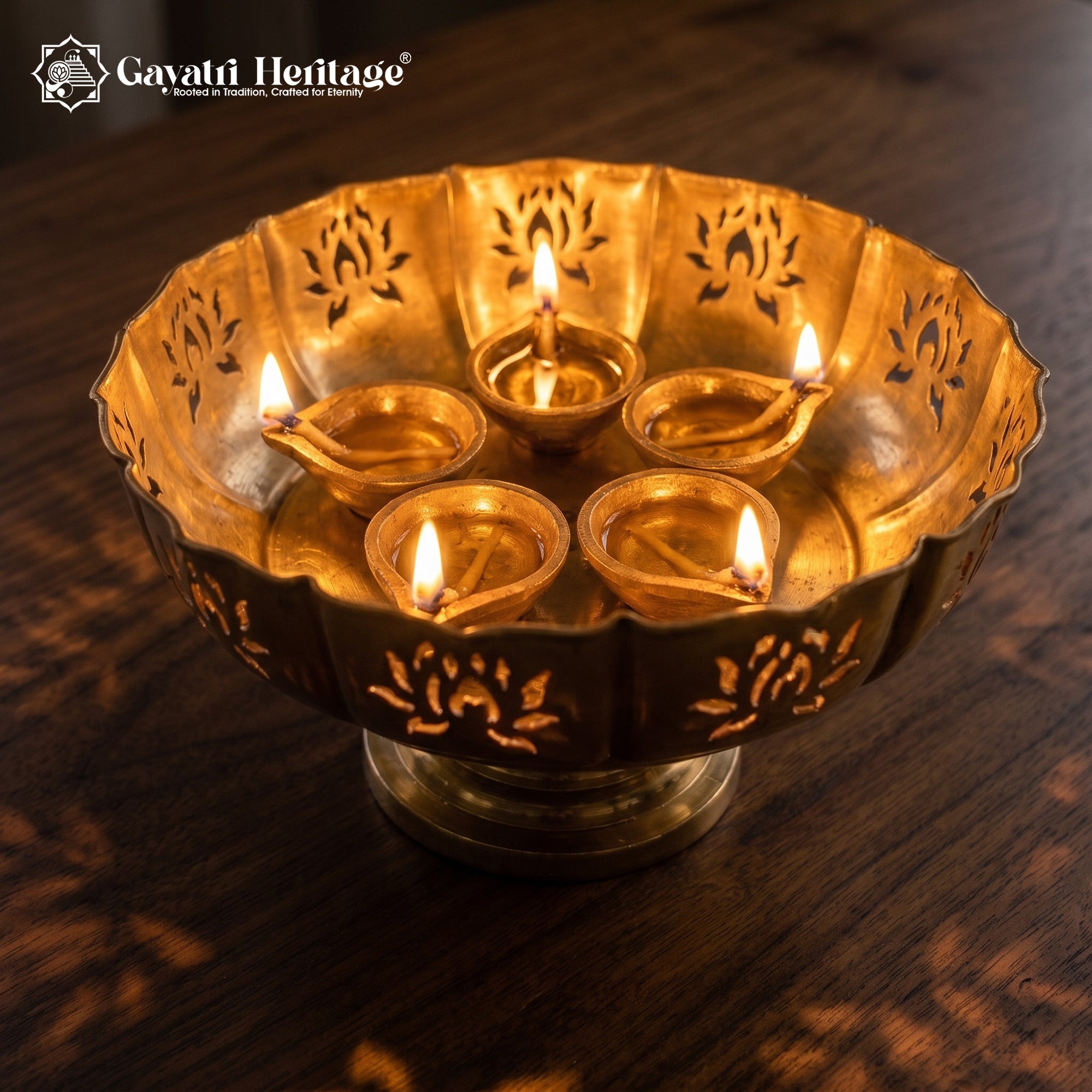 Lotus Cut Work Pedestal Urli Bowl – Antique Gold Puja Décor | Gayatri Heritage