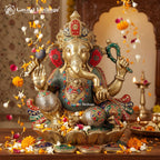 Brass Chaturbhuja Ganesha with Stone Work – Blessings | Gayatri Heritage