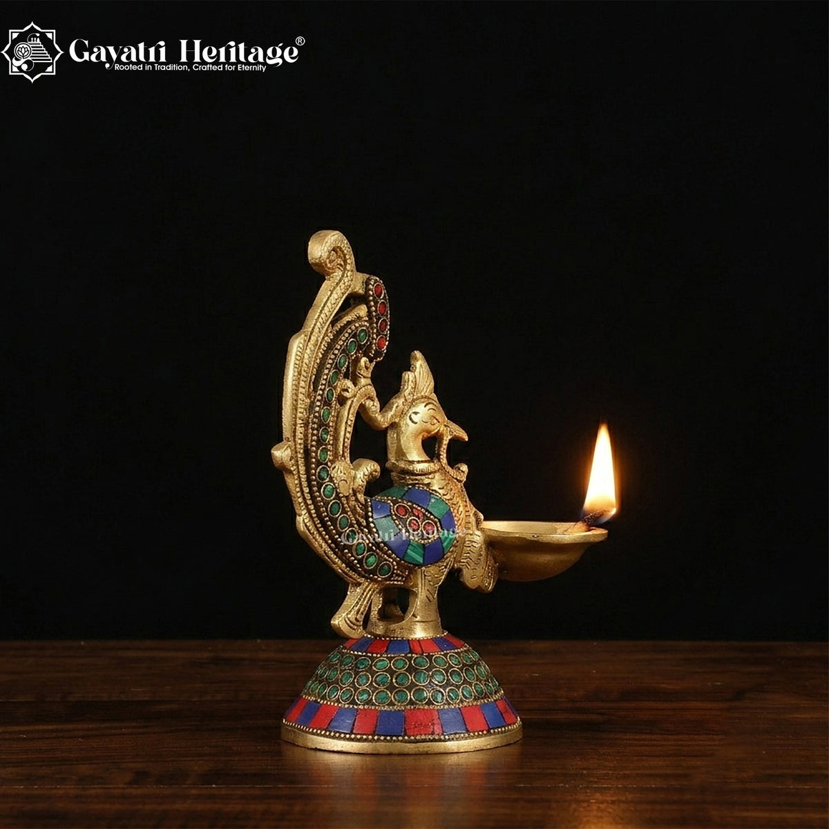 Brass Peacock Diya in Stone Work – Elegant Lighting Decor | Gayatri Heritage