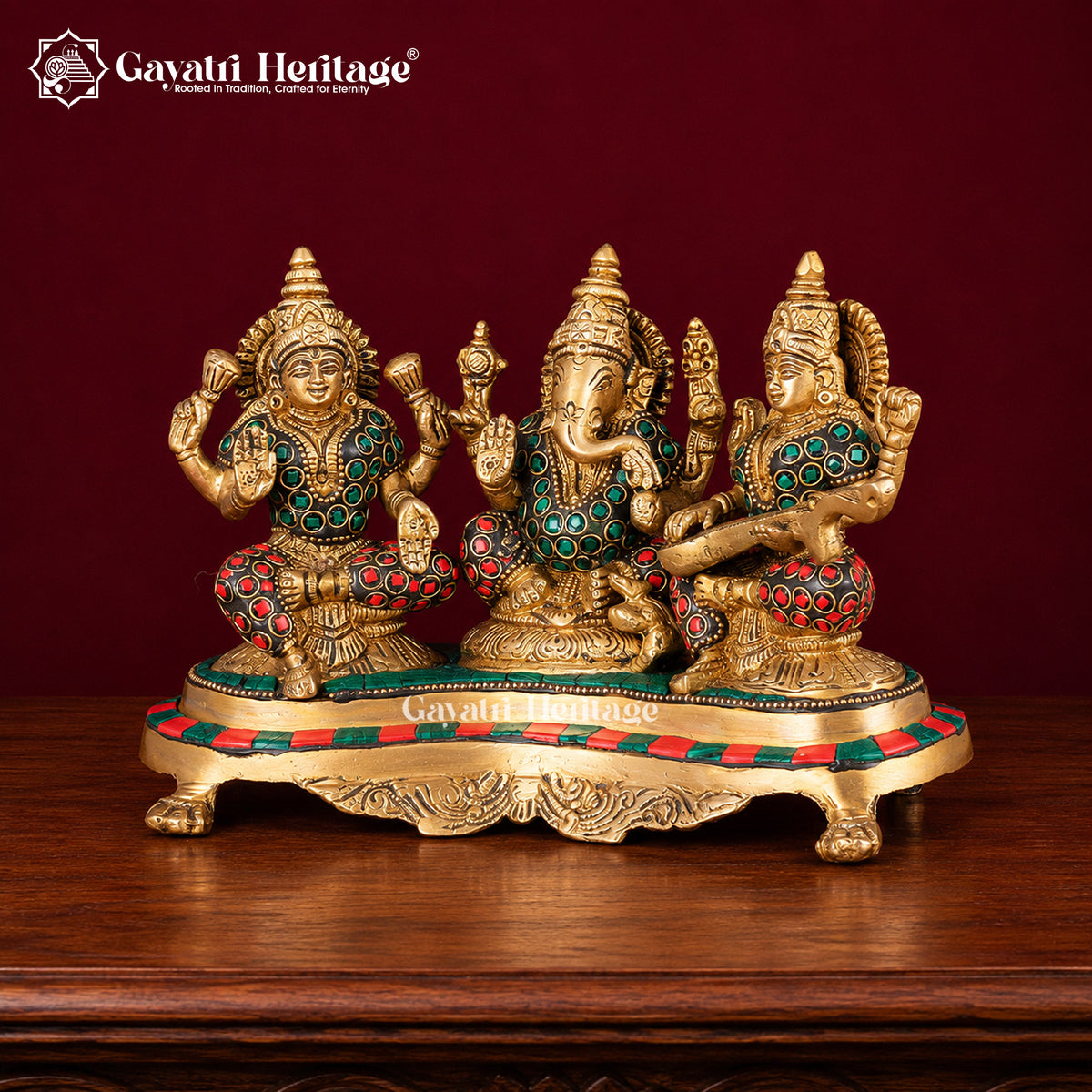 Brass Ganesh, Lakshmi, Saraswati Idols – Divine Trio for Blessings | Gayatri Heritage