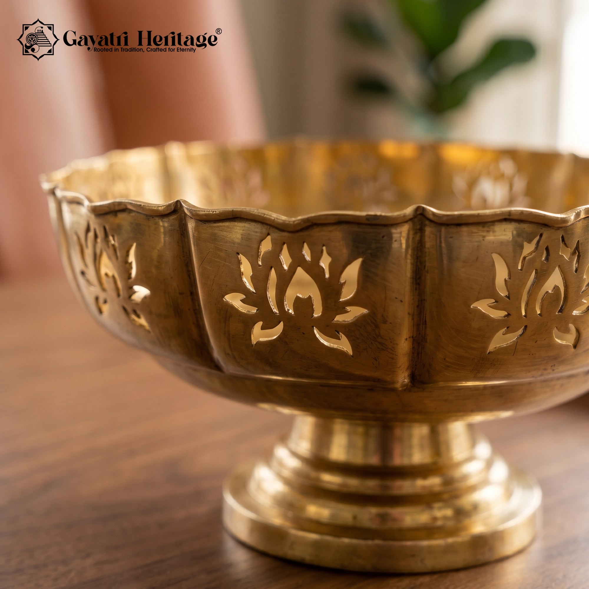 Lotus Cut Work Pedestal Urli Bowl – Antique Gold Puja Décor | Gayatri Heritage