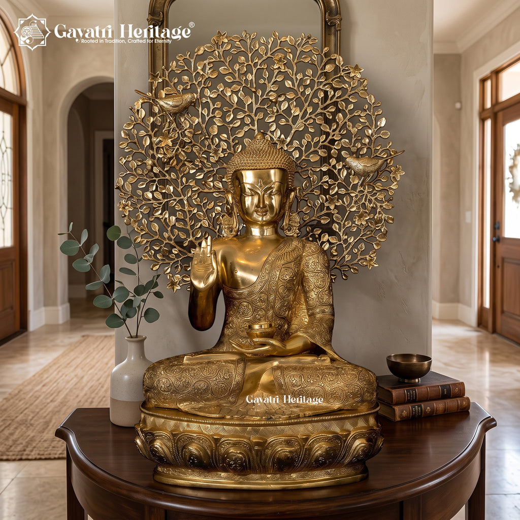 Brass Buddha Statue in Vitarpa Mudra – Symbol of Peace | Gayatri Heritage