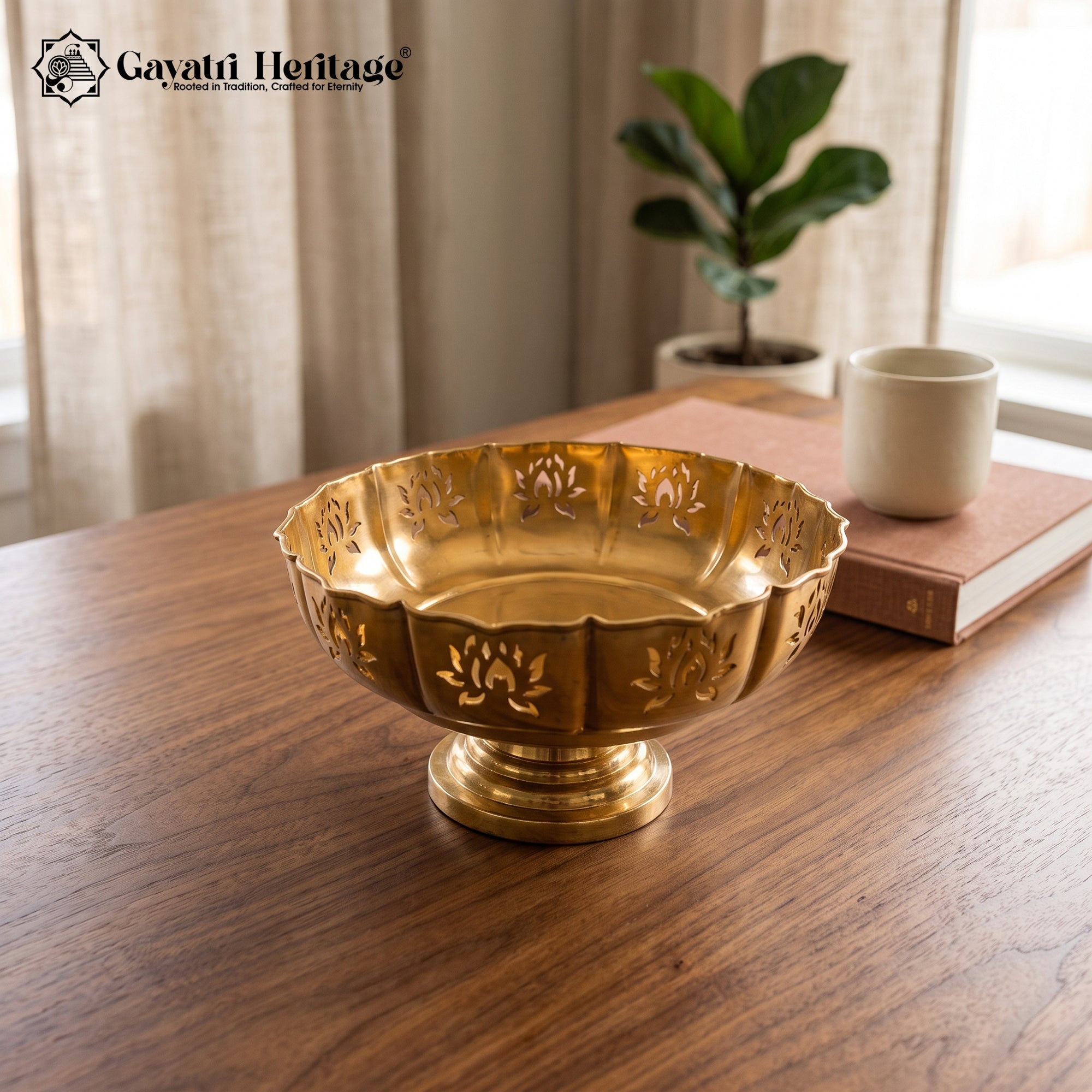 Lotus Cut Work Pedestal Urli Bowl – Antique Gold Puja Décor | Gayatri Heritage
