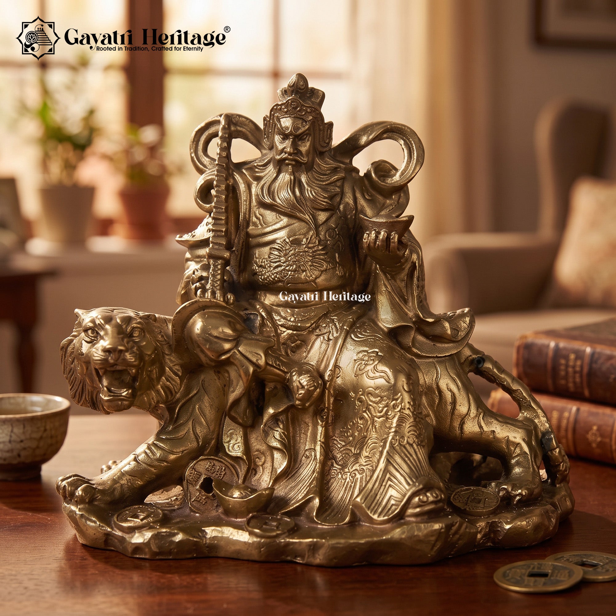 Brass Caishan King Statue on Lion – Strength & Royalty | Gayatri Heritage