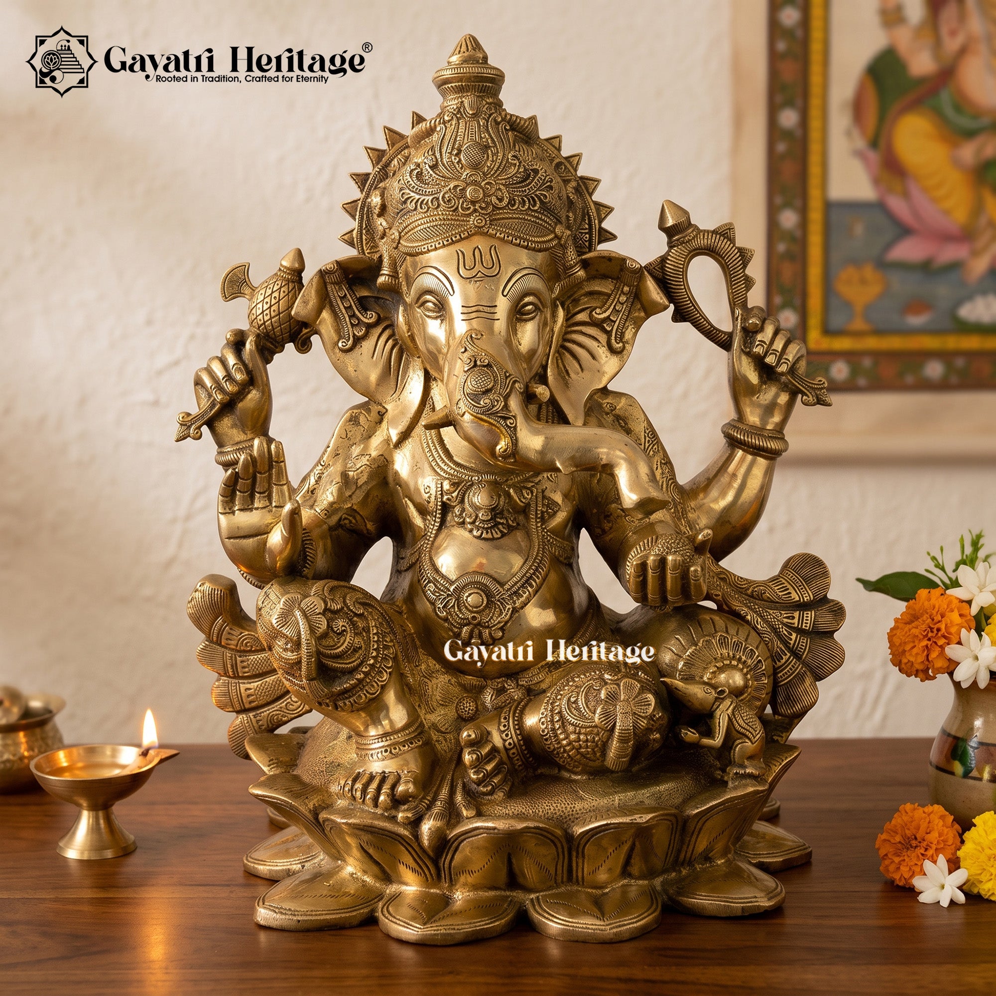 Brass Chaturbhuja Ganesha – Protector with Four Hands | Gayatri Heritage
