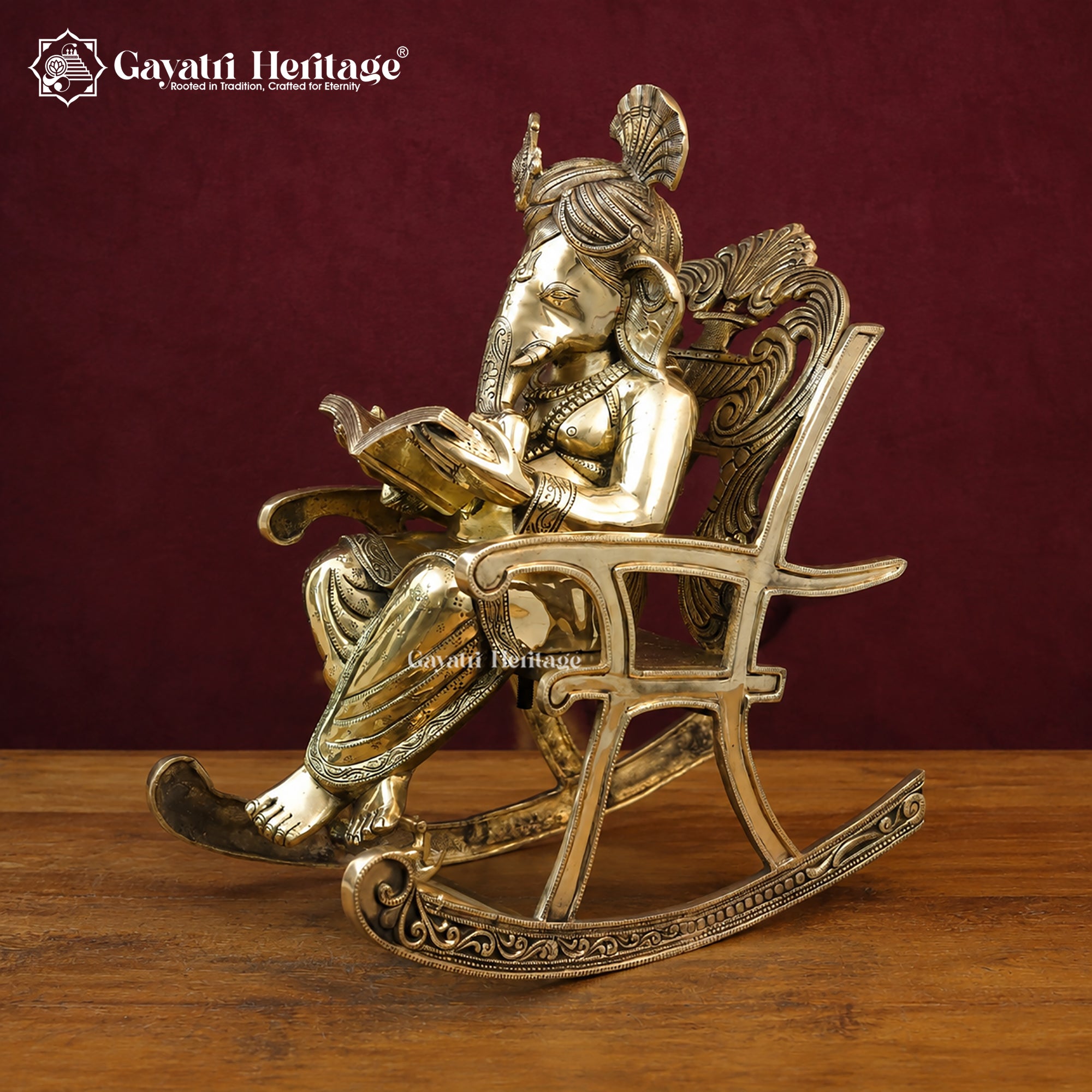 Brass Ganesha Reading Book Statue | Ganesh on Rocking Chair | Antique Sculpture | Unique Home Decor