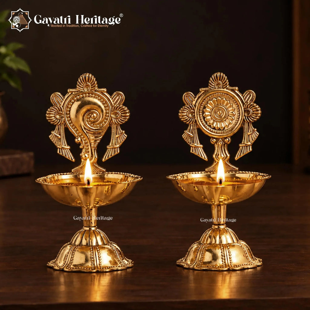 Brass Shankh Chakra Diya Pair | Vishnu Deepam Oil Lamp Set of 2 | Pooja Room & Temple Decor