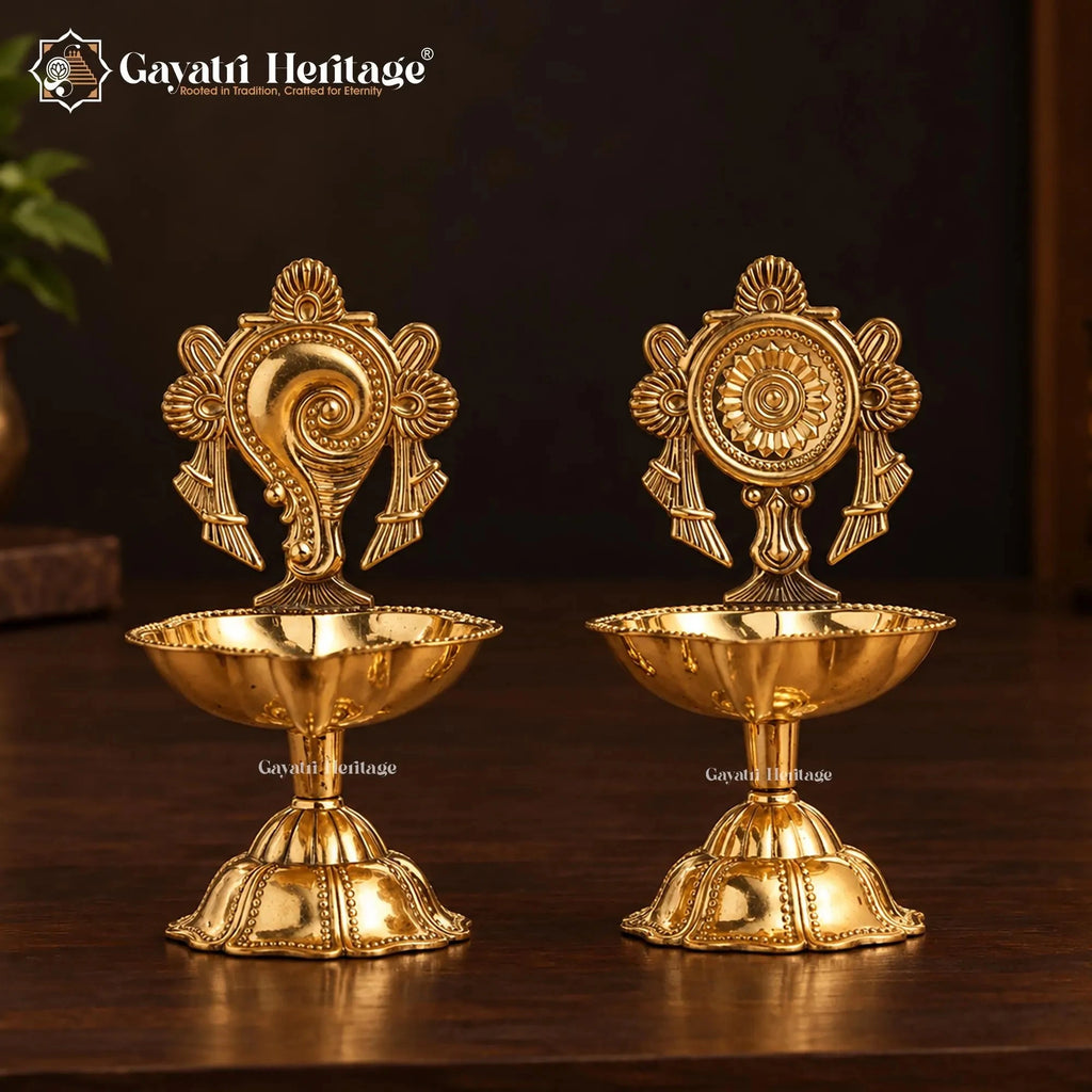 Brass Shankh Chakra Diya Pair | Vishnu Deepam Oil Lamp Set of 2 | Pooja Room & Temple Decor