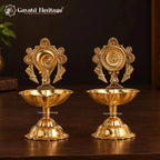 Brass Shankh Chakra Diya Pair | Vishnu Deepam Oil Lamp Set of 2 | Pooja Room & Temple Decor