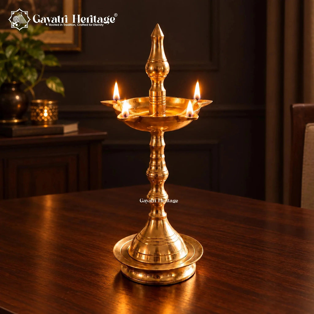 Traditional Brass Oil Diya Lamp, Handcrafted Indian Deepam, 4 Wick Pooja Lamp, Mandir Decor