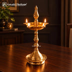 Traditional Brass Oil Diya Lamp, Handcrafted Indian Deepam, 4 Wick Pooja Lamp, Mandir Decor