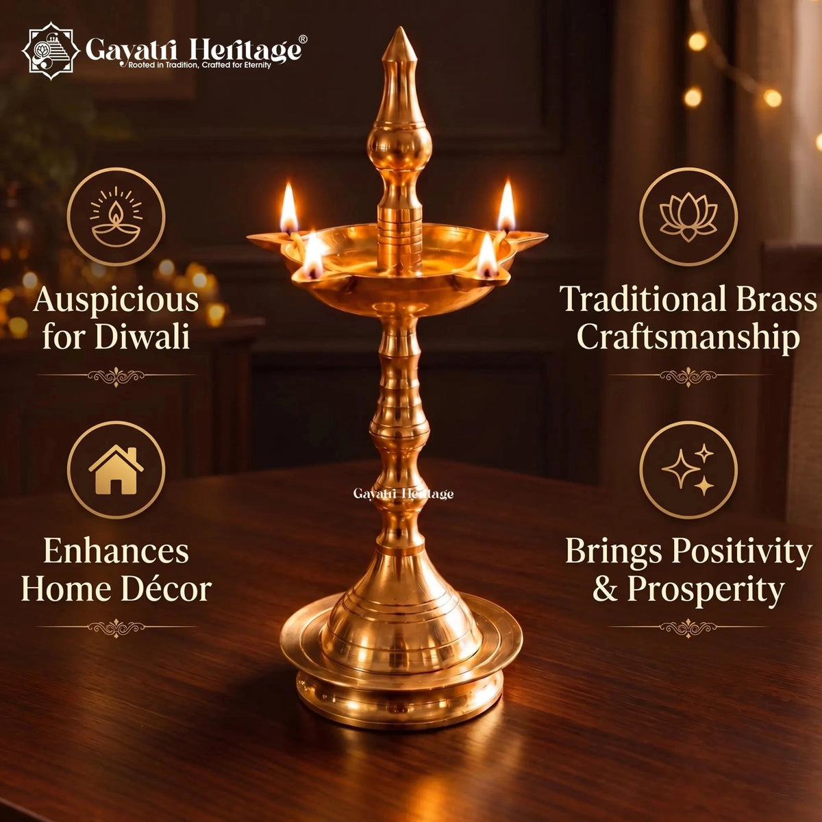 Traditional Brass Oil Diya Lamp, Handcrafted Indian Deepam, 4 Wick Pooja Lamp, Mandir Decor