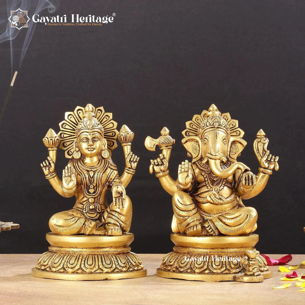 Brass Lakshmi Ganesh Idol Set, Hindu Goddess Lakshmi and Lord Ganesha Statues for Puja, Home Temple Decor & Festive Gifting