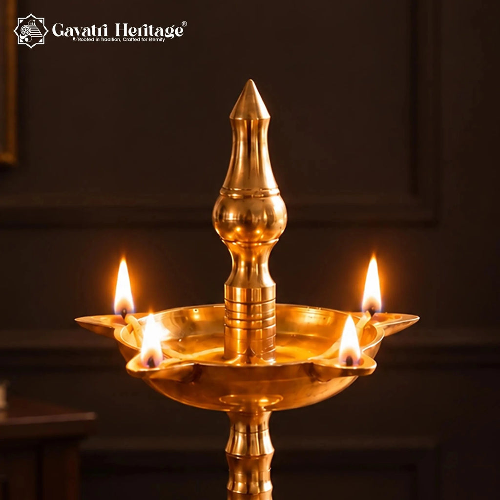 Traditional Brass Oil Diya Lamp, Handcrafted Indian Deepam, 4 Wick Pooja Lamp, Mandir Decor