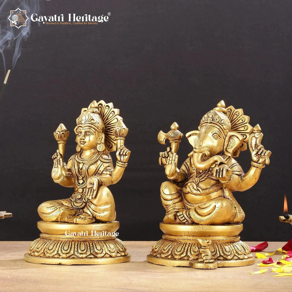 Brass Lakshmi Ganesh Idol Set, Hindu Goddess Lakshmi and Lord Ganesha Statues for Puja, Home Temple Decor & Festive Gifting