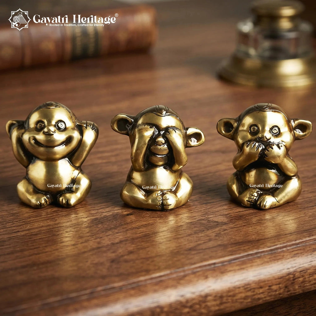 Brass Three Wise Monkeys Figurines, See No Evil Hear No Evil Speak No Evil Statue Set, Traditional Brass Home Decor & Gift