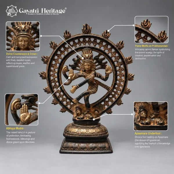 Brass Nataraja Sculpture – Dark Brown & Gold Finish with Openwork Halo & Pedestal Base