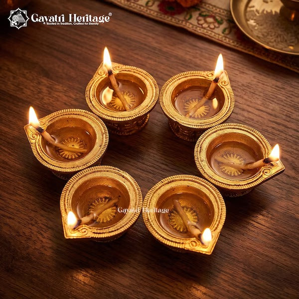 Brass Diya Set of 6 | Handcrafted Traditional Oil Lamps | Indian Brass Diyas | Pooja & Festive Home Decor | Diwali Gift Set