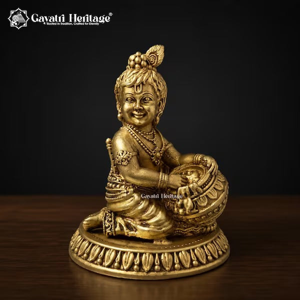 Brass Laddu Gopal Statue with Butter Pot | Bal Krishna Murti | Krishna Idol for Home Temple | Pooja Decor & Spiritual Gift