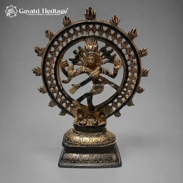 Brass Nataraja Idol – Dark Brown & Gold Finish with Ornate Cutwork Halo