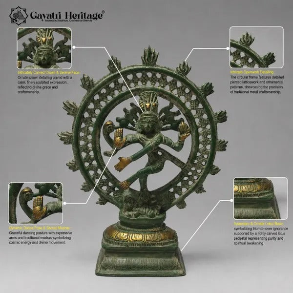 Vintage Brass Nataraja Idol – Aged Green Finish | Lattice Flame Dancing Shiva Sculpture