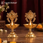 Brass Shankh Chakra Diya Set of 2 | Vishnu Oil Lamp Pair | Tirupati Balaji Style Pooja Diya | Temple Decor
