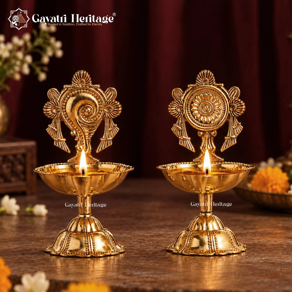 Brass Shankh Chakra Diya Set of 2 | Vishnu Oil Lamp Pair | Tirupati Balaji Style Pooja Diya | Temple Decor