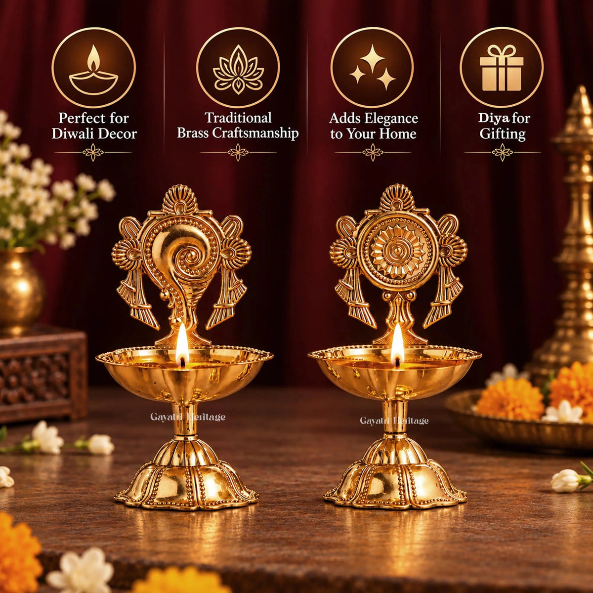 Brass Shankh Chakra Diya Set of 2 | Vishnu Oil Lamp Pair | Tirupati Balaji Style Pooja Diya | Temple Decor