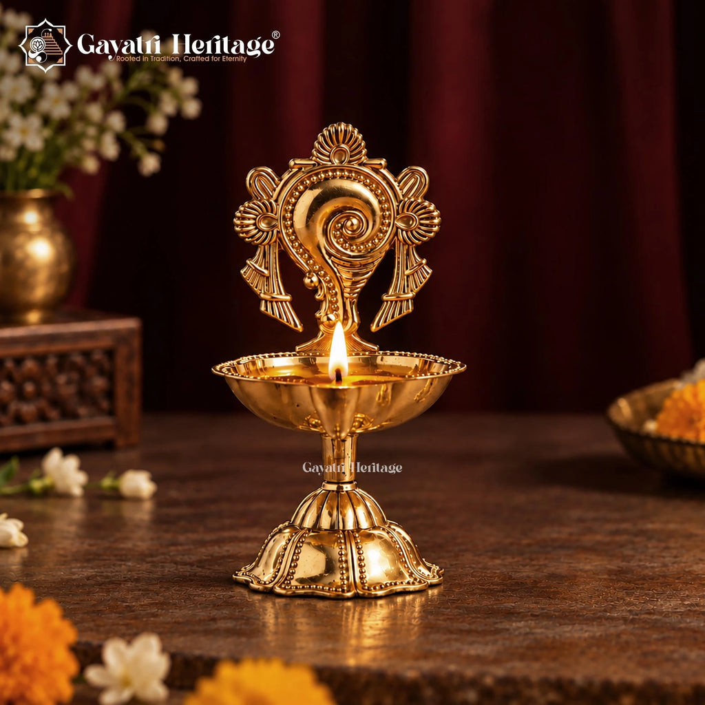 Brass Shankh Chakra Diya Set of 2 | Vishnu Oil Lamp Pair | Tirupati Balaji Style Pooja Diya | Temple Decor