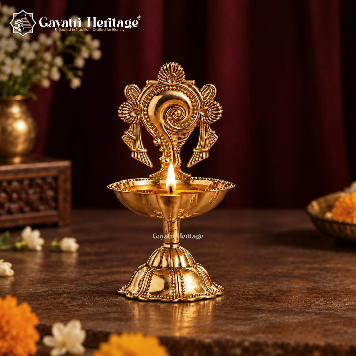Brass Shankh Chakra Diya Set of 2 | Vishnu Oil Lamp Pair | Tirupati Balaji Style Pooja Diya | Temple Decor