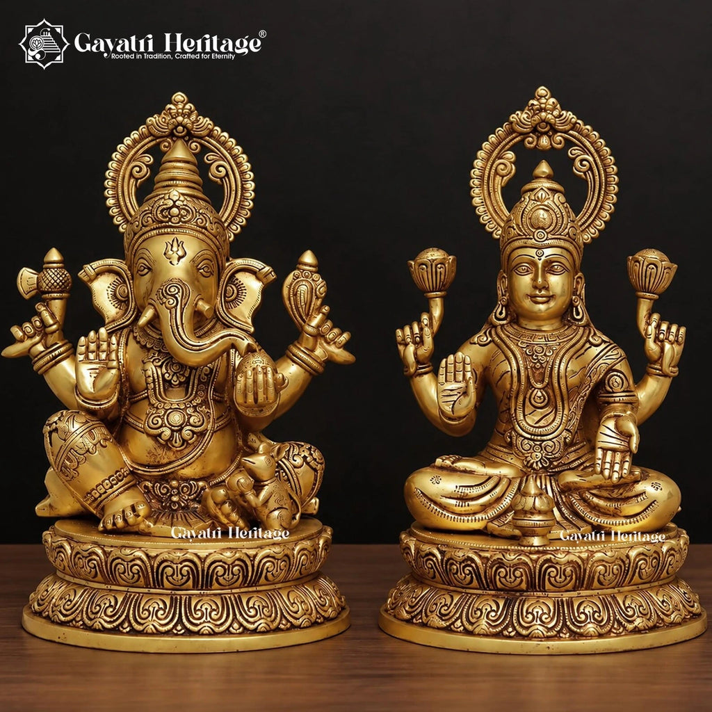 Brass Lakshmi Ganesh Idol Set, 14.2 inch, handcrafted by Gayatri Heritage